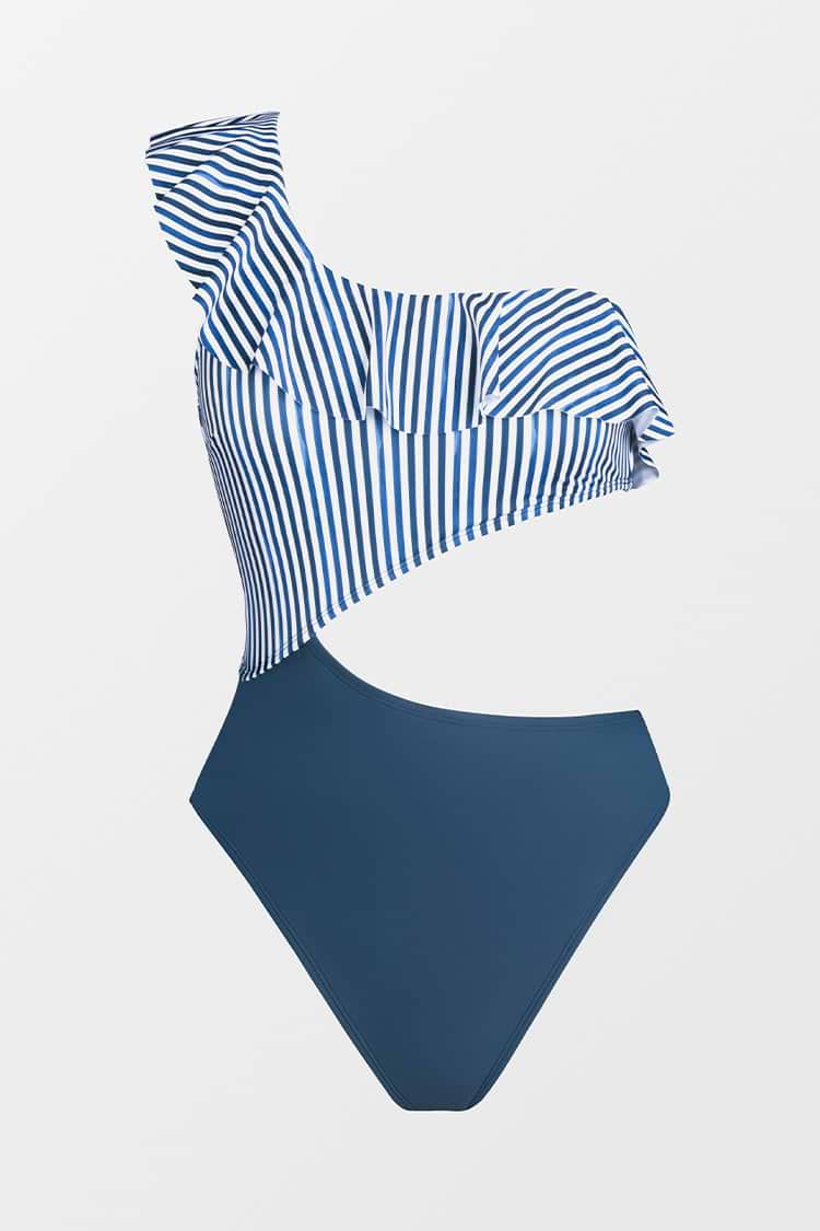 Sea Shore Stripe Ruffled One Shoulder One Piece Swimsuit