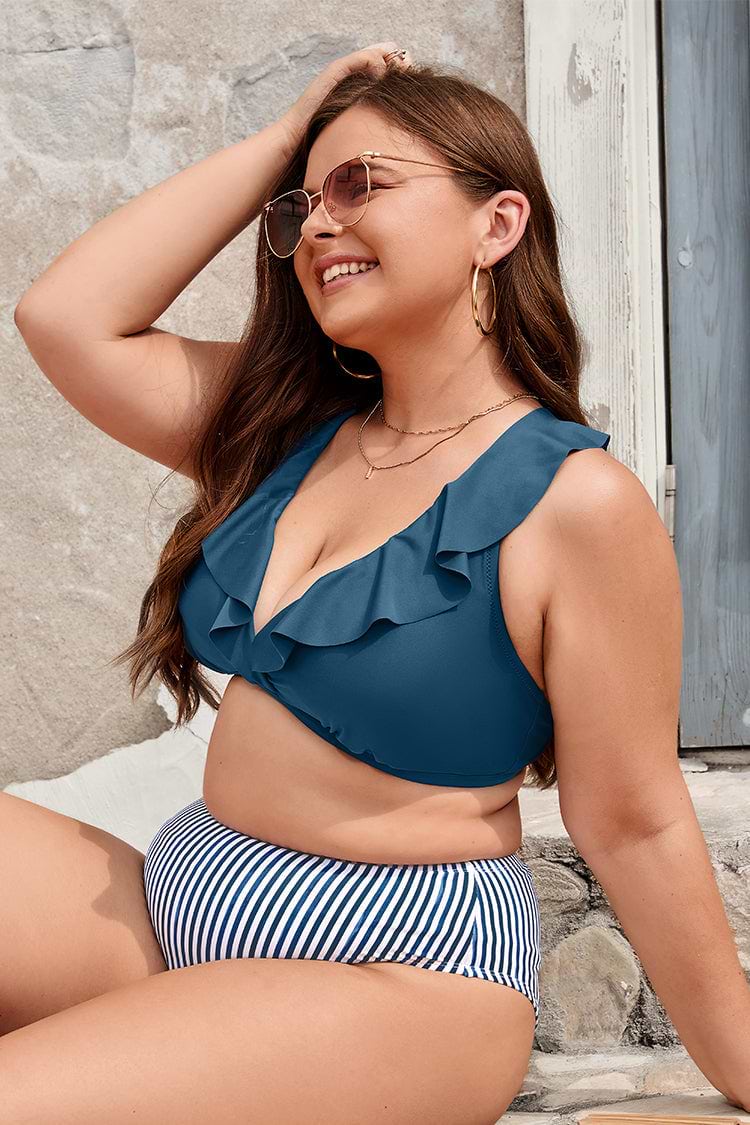 Plus Size Ruffled Lace Up Bralette & Stripe Bikini Swimsuit