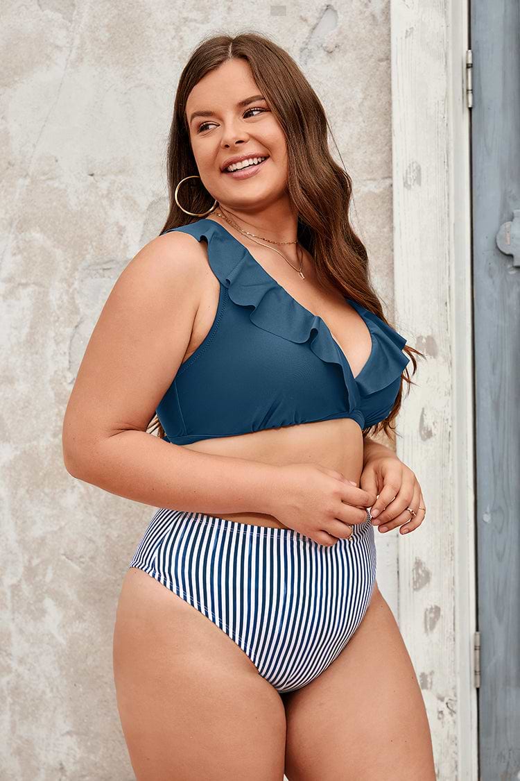 Plus Size Ruffled Lace Up Bralette & Stripe Bikini Swimsuit