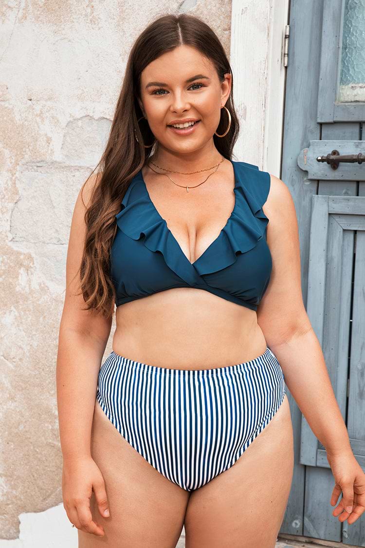 Plus Size Ruffled Lace Up Bralette & Stripe Bikini Swimsuit