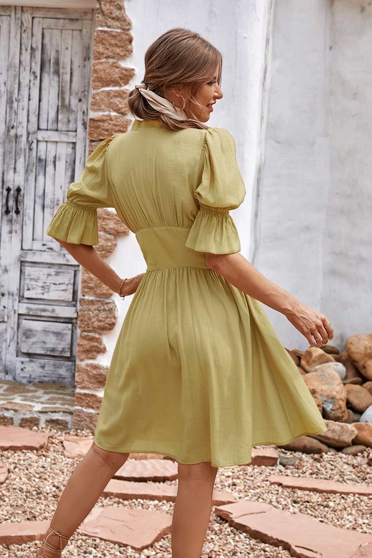 Cable Beach V-neck Bubble Sleeve Smocking A-Shape Dress