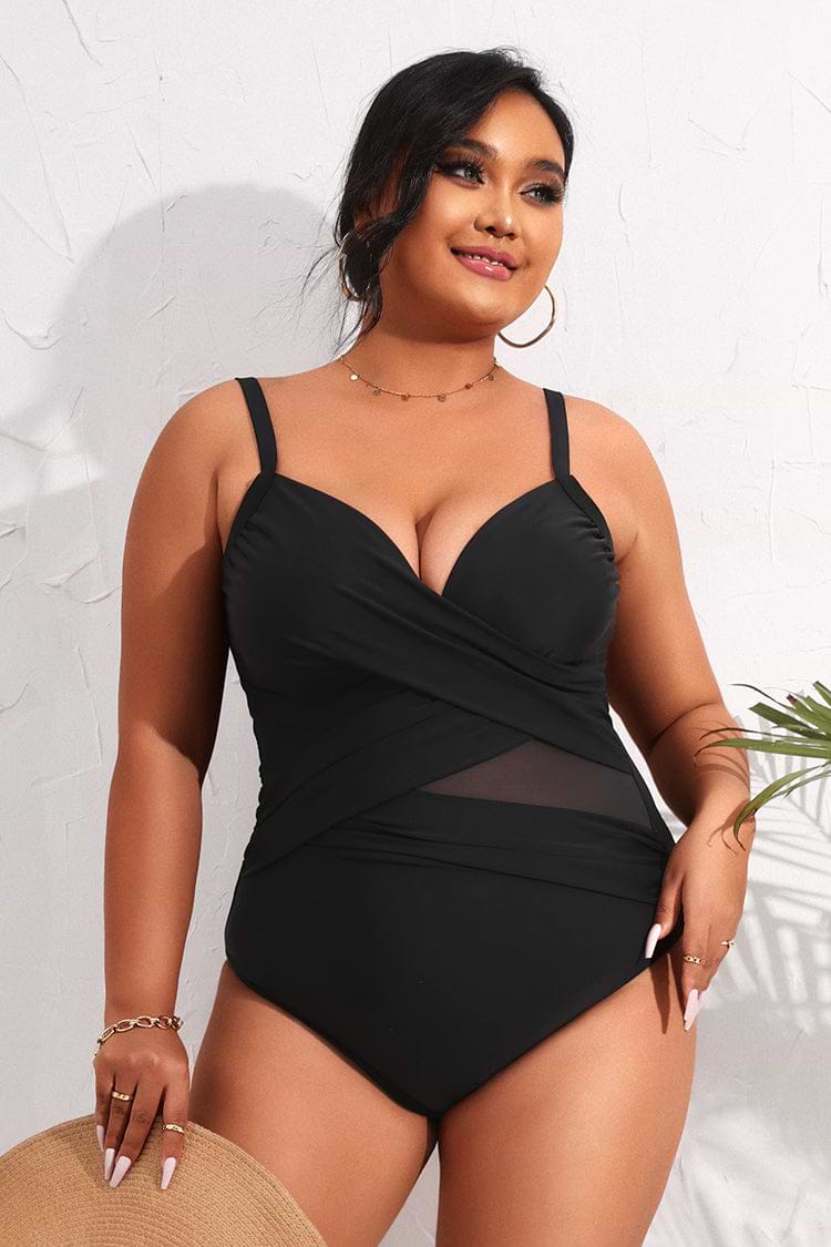 Sheer Mesh Wrap Front Plus Size One Piece Swimsuit