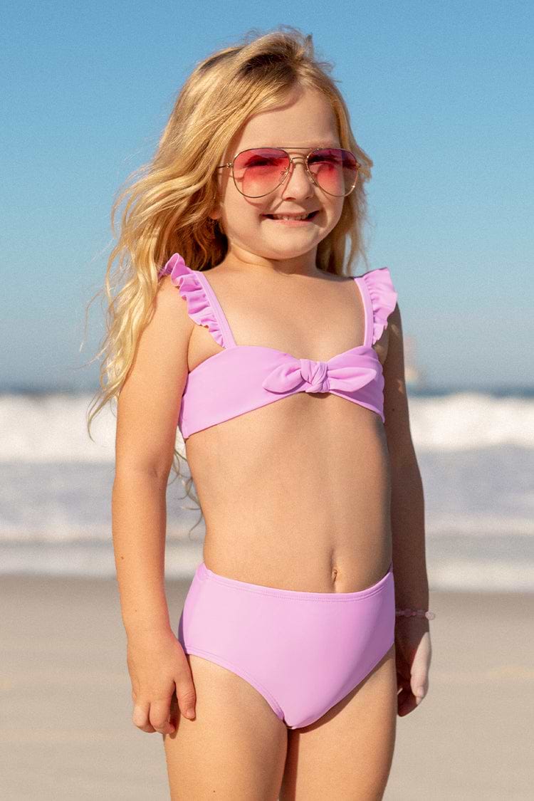 Girls Pink Bandeau Bunny Tie Top & High Waist Pink Bikini Set