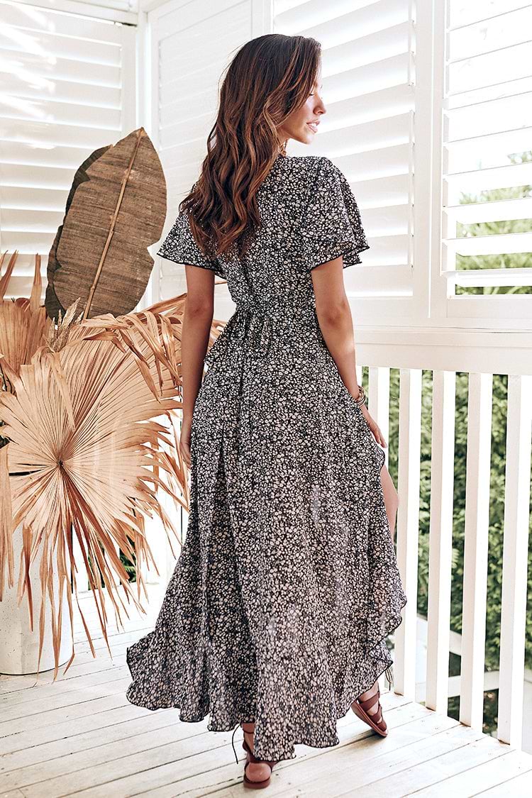 Diza V-neck Lace Up Short Sleeve A-shape Dress