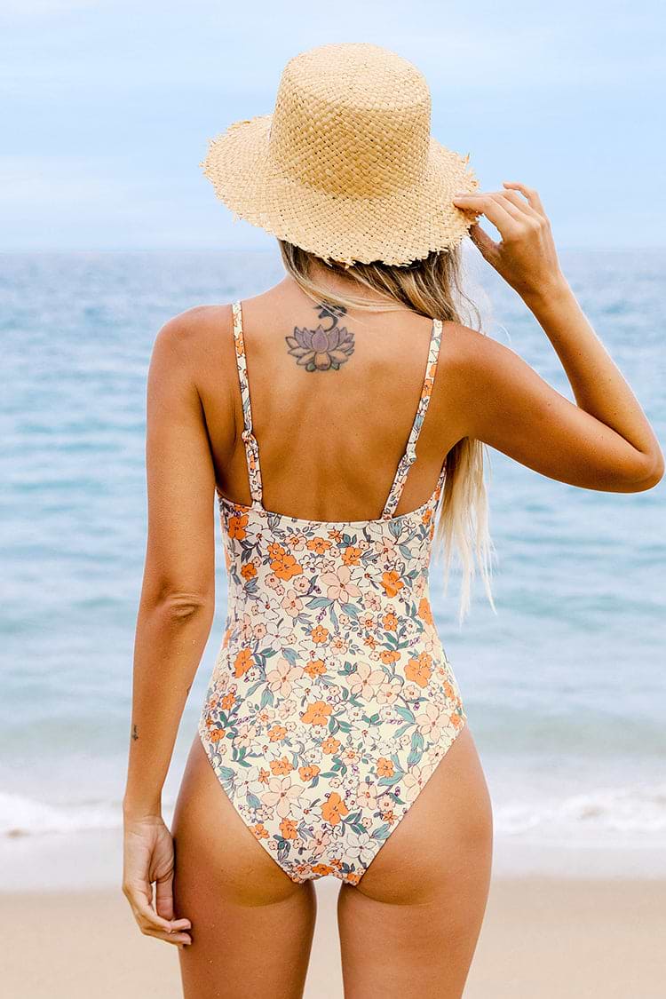 Floral Print Draw String Keyhole Front One Piece Swimsuit