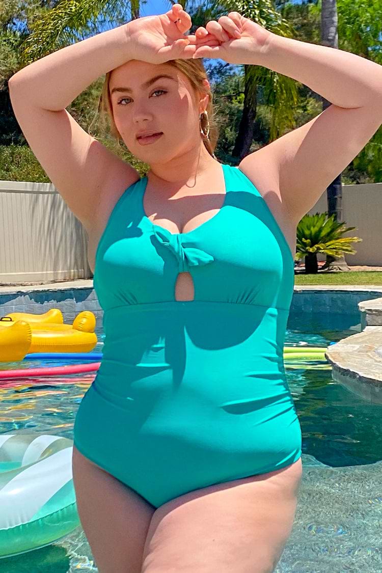 Plus Size Bunny Tie Shirred One Piece Swimsuit