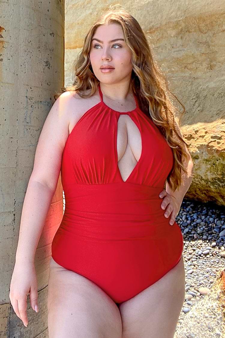 Plus Size Red Keyhole Tummy Control One Piece Swimsuit