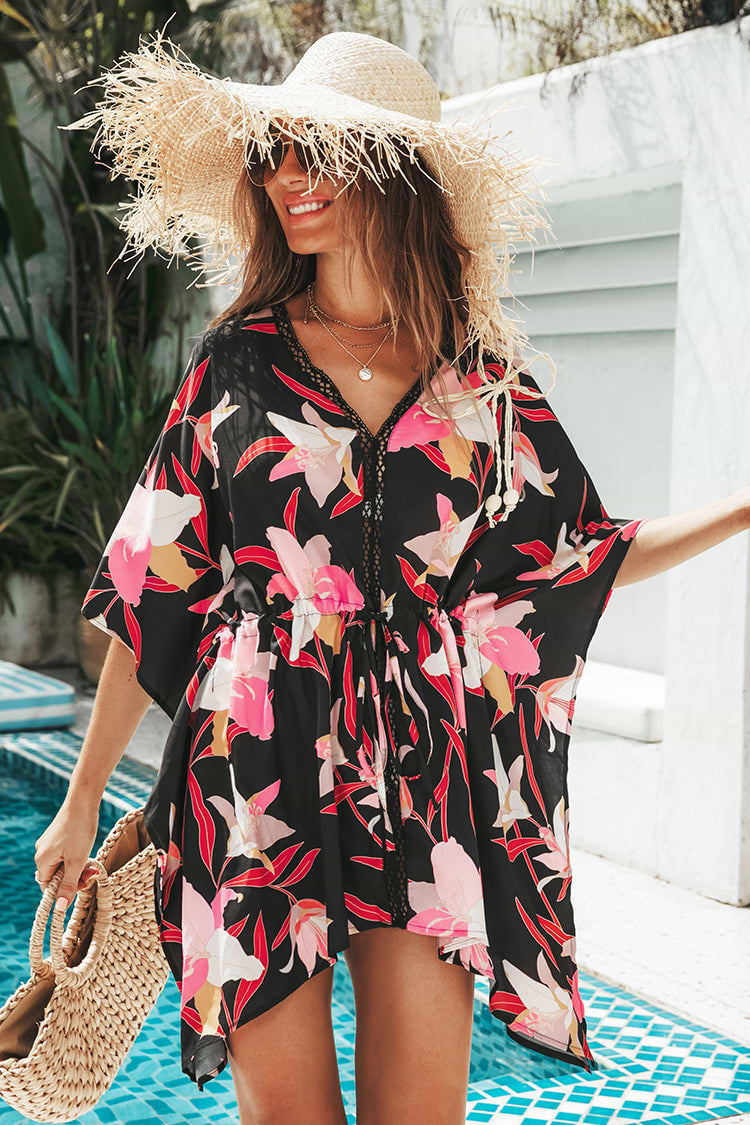 Sloane Tropical Print Lace Trims Short Cover up