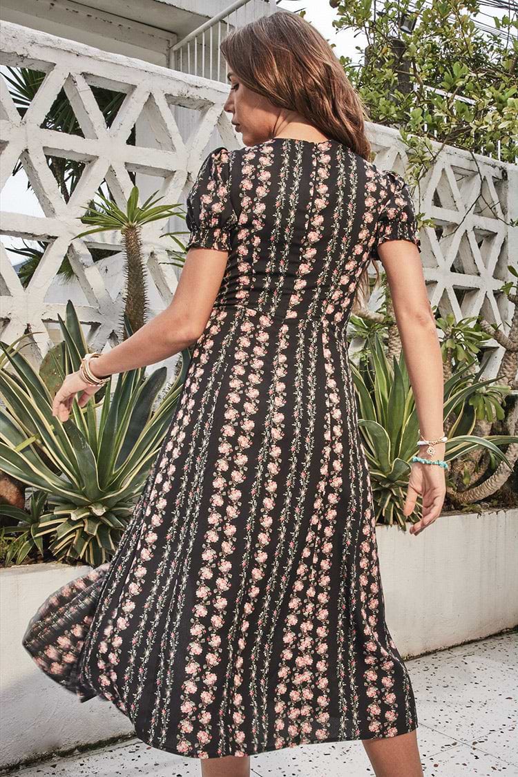 Royalty Ruching Square Neck Bubble Sleeve Dress