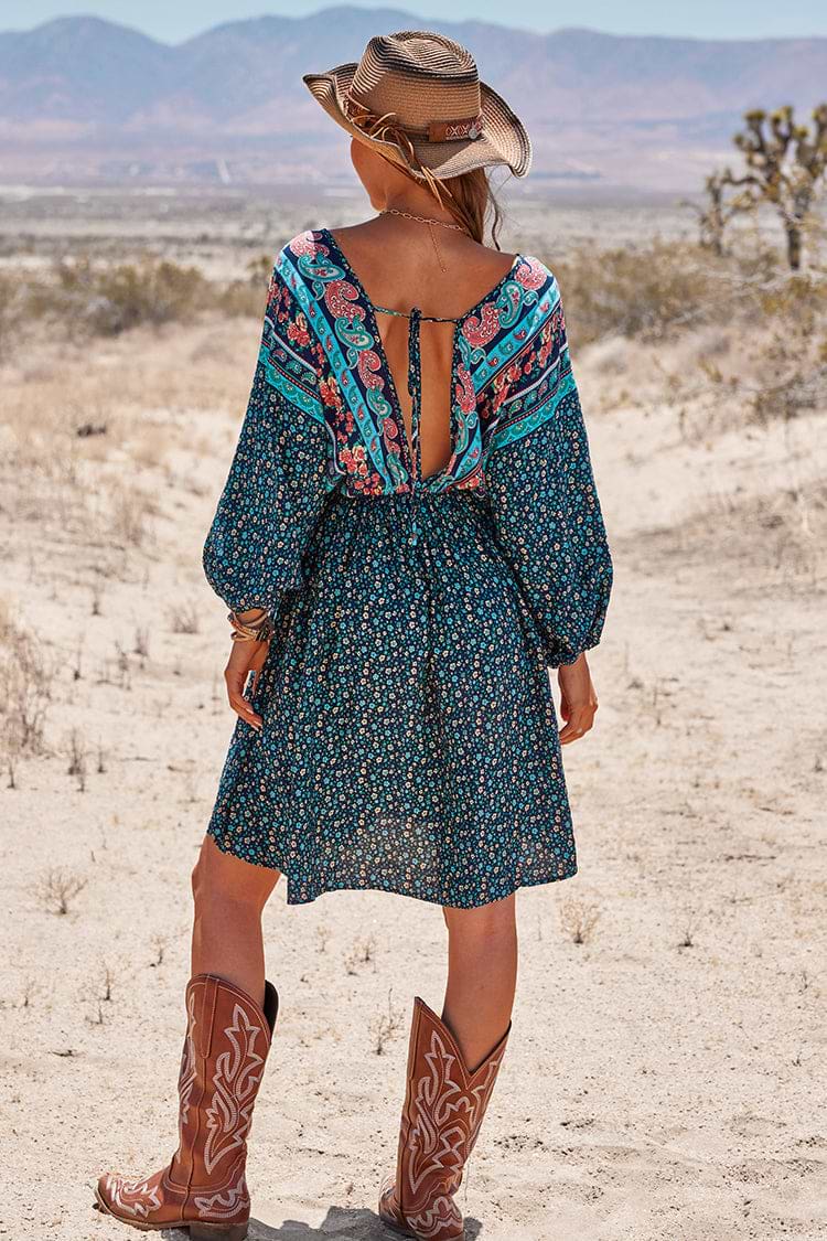 Long Sleeve Boho V-neck Mid Length Dress