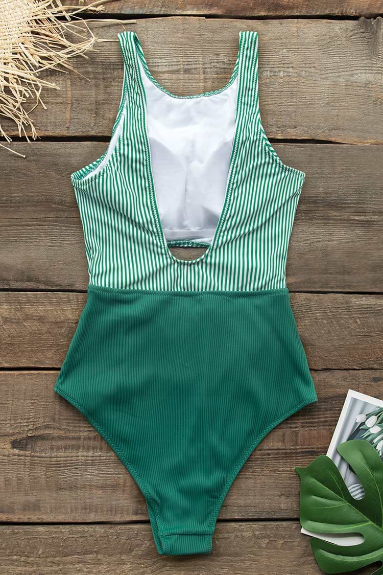 Green Stripe Print Cut Out One Piece Swimsuit