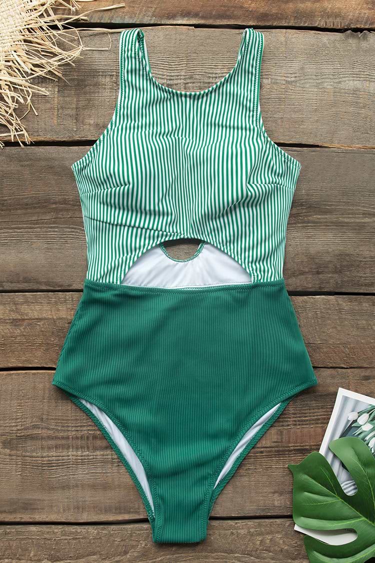Green Stripe Print Cut Out One Piece Swimsuit