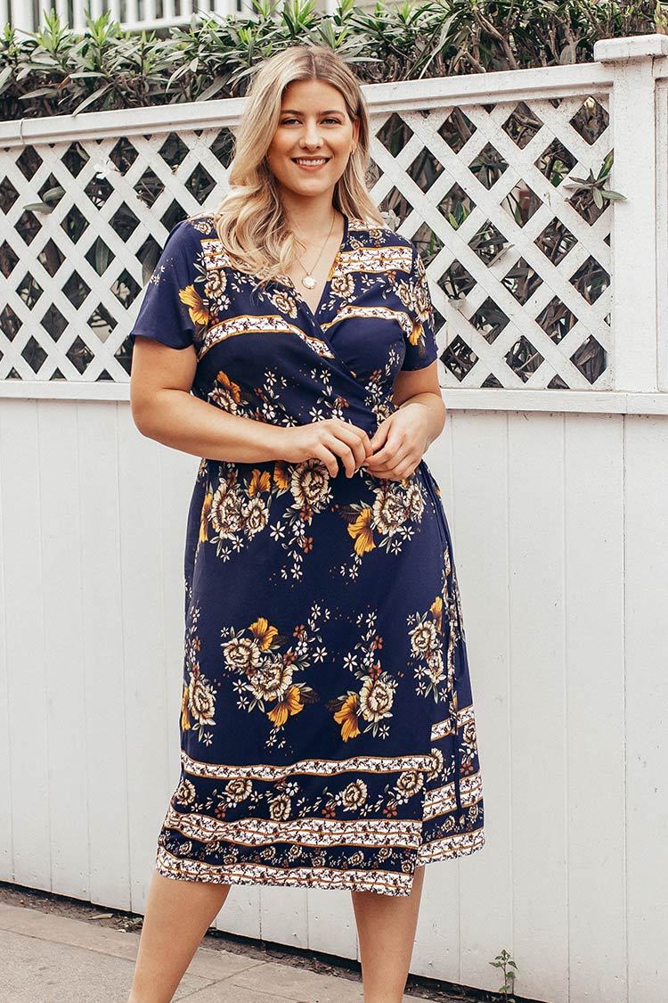 Navy Floral Wrap Plus Size Dress