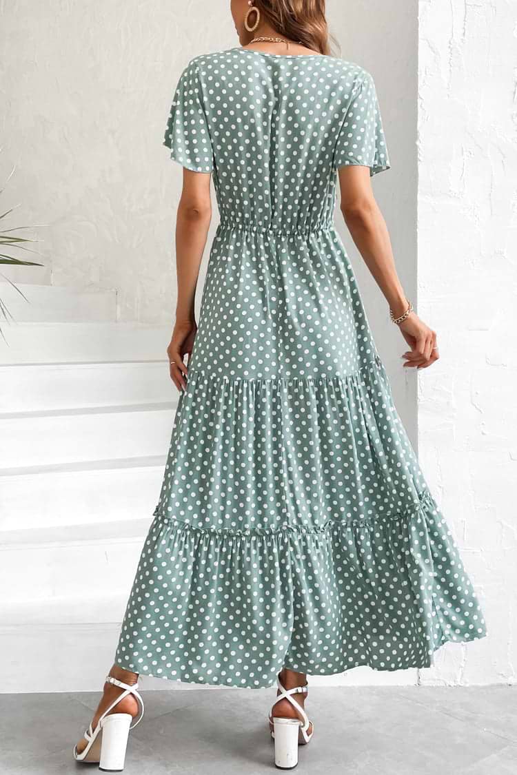 Grete V-neck Polka Dot Lace Up  A-shape Dress