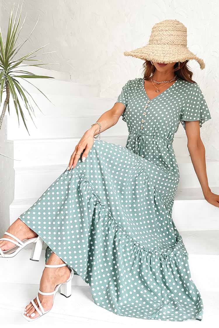 Grete V-neck Polka Dot Lace Up  A-shape Dress