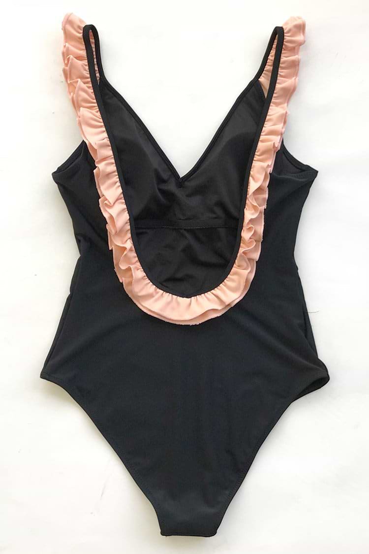 Black with Pink Ruffle One-Piece Swimsuit