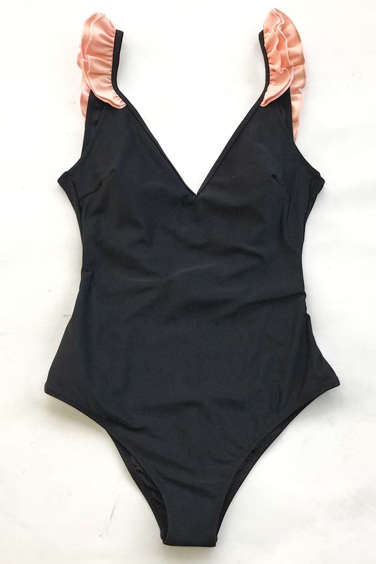 Black with Pink Ruffle One-Piece Swimsuit