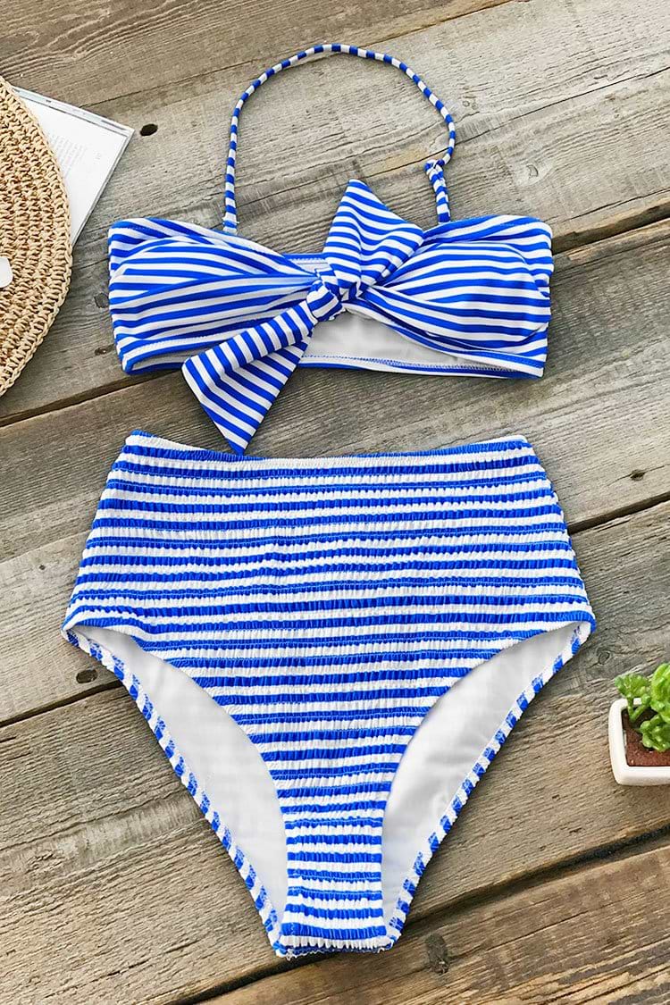 Blue And White Stripe Bikini With Bowknot
