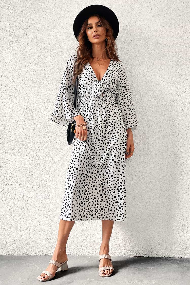 Cam Flared Sleeve Bow Tie Dots Dress