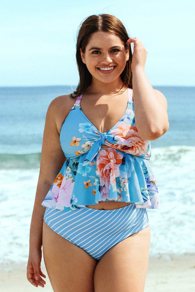 Julie Blue Floral Ruffle Crisscross Plus Size Bikini Top