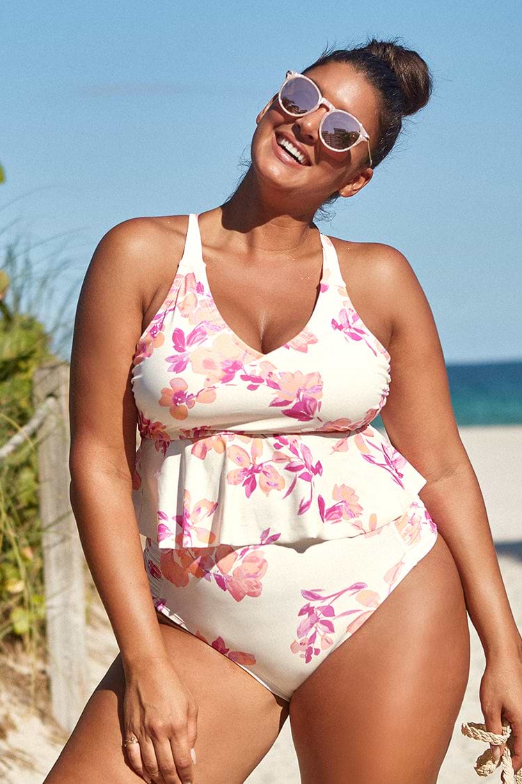 Nichole Floral Ruffle Trim Plus Size Bikini Top