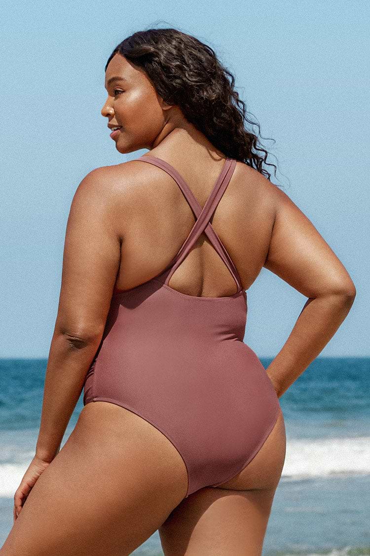 Maillot de bain une pièce grande taille cache-cœur corail clair
