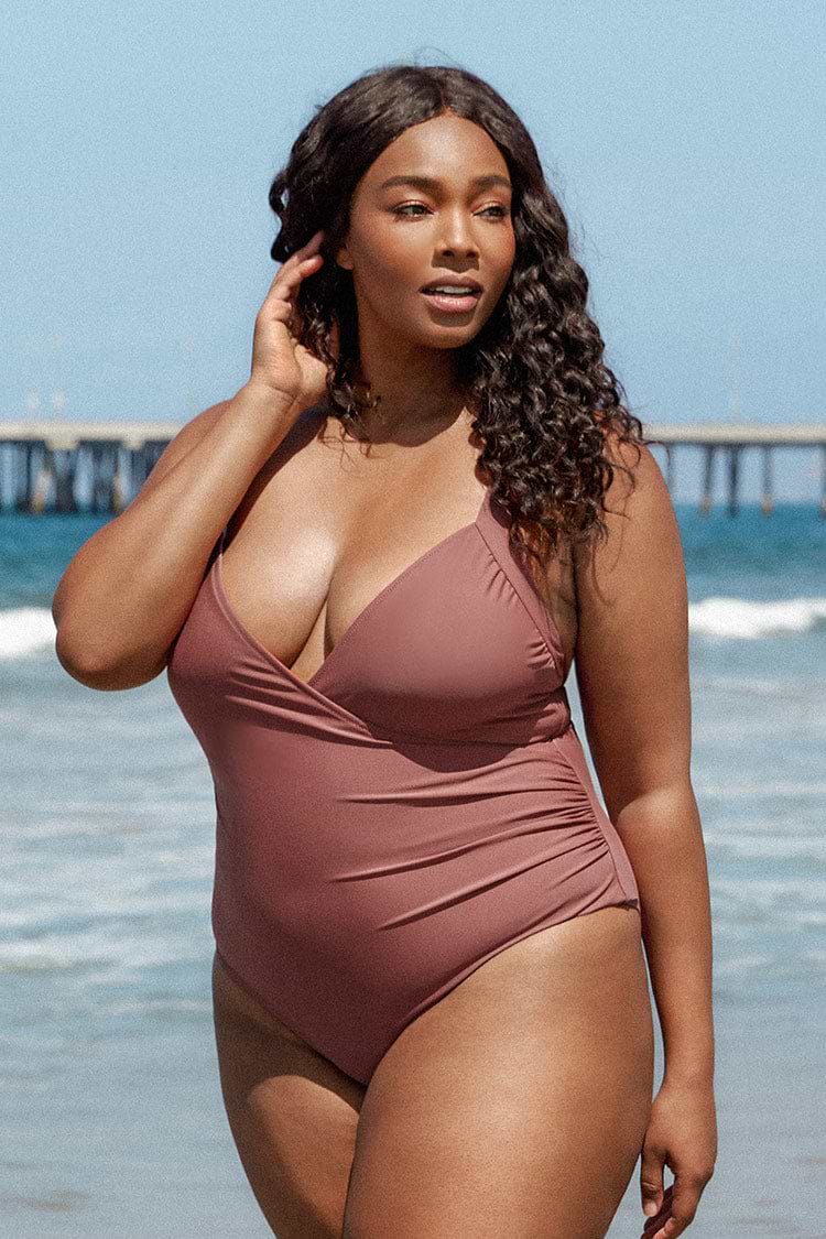 Maillot de bain une pièce grande taille cache-cœur corail clair
