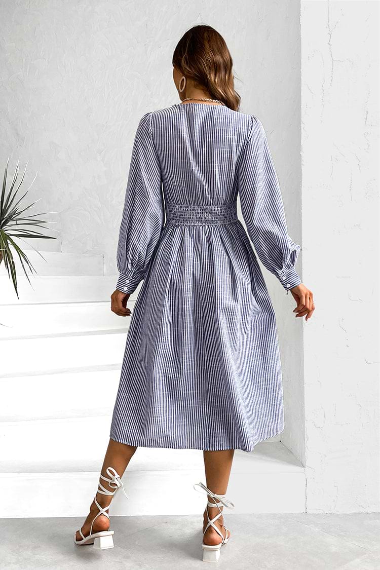 Clarinda Pinstriped Surplice Neck Long Sleeve Maxi Dress