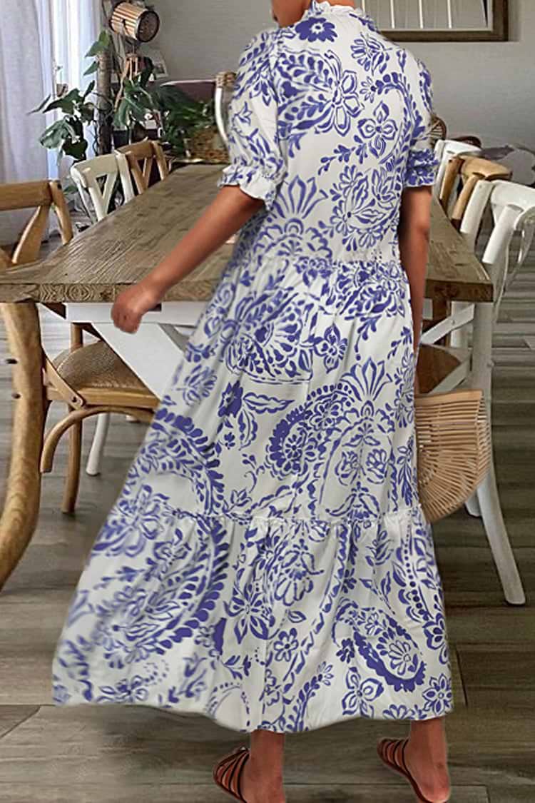 Sawyer Paisley Floral Tassel Ruffle Puff Sleeve Maxi Dress