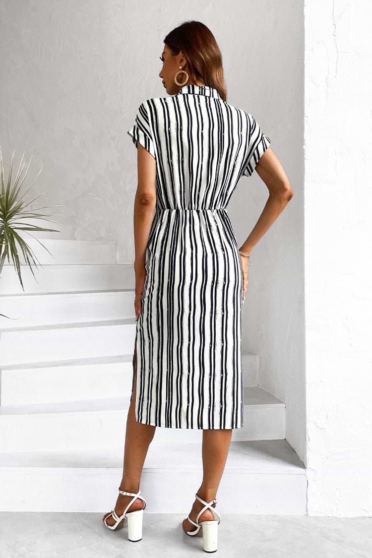 Darina Striped Knotted Dolman Sleeve Slit Midi Dress
