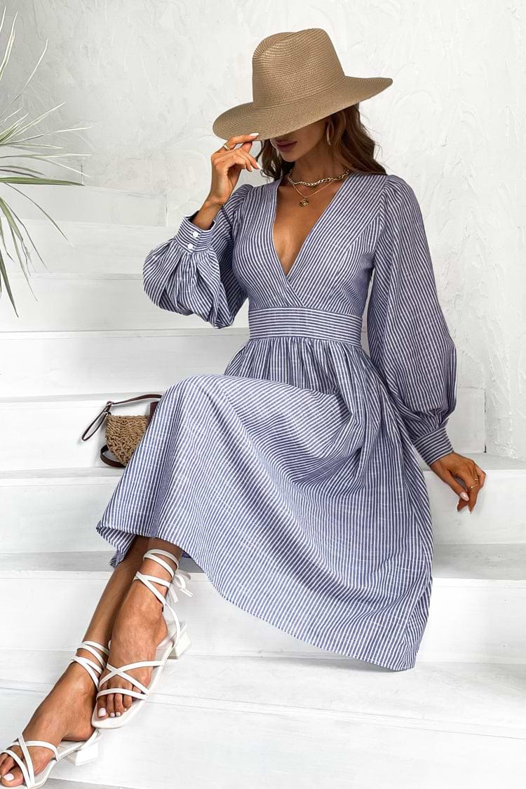 Clarinda Pinstriped Surplice Neck Long Sleeve Maxi Dress