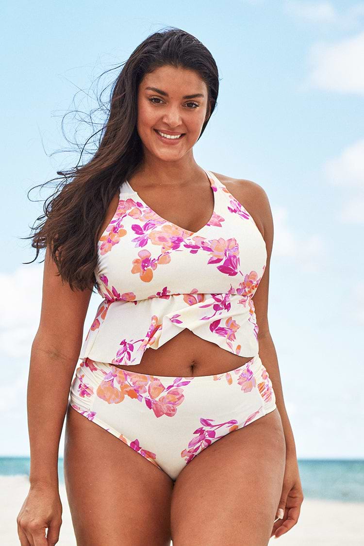 Plus Size Floral Ruffle Tankini Top