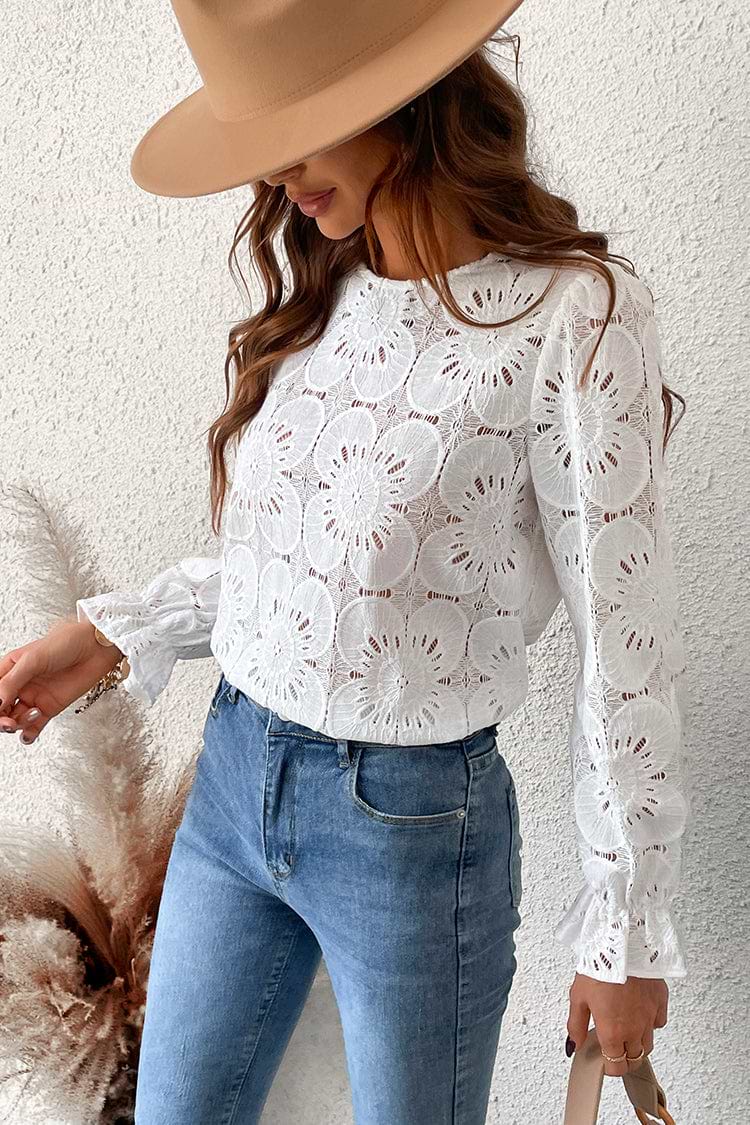 Happy Weekend Embroidered Floral Eyelet Long Sleeve Blouse