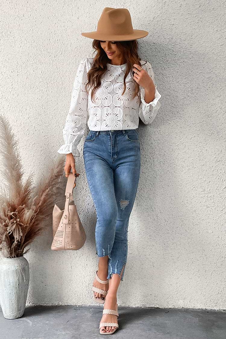Happy Weekend Embroidered Floral Eyelet Long Sleeve Blouse