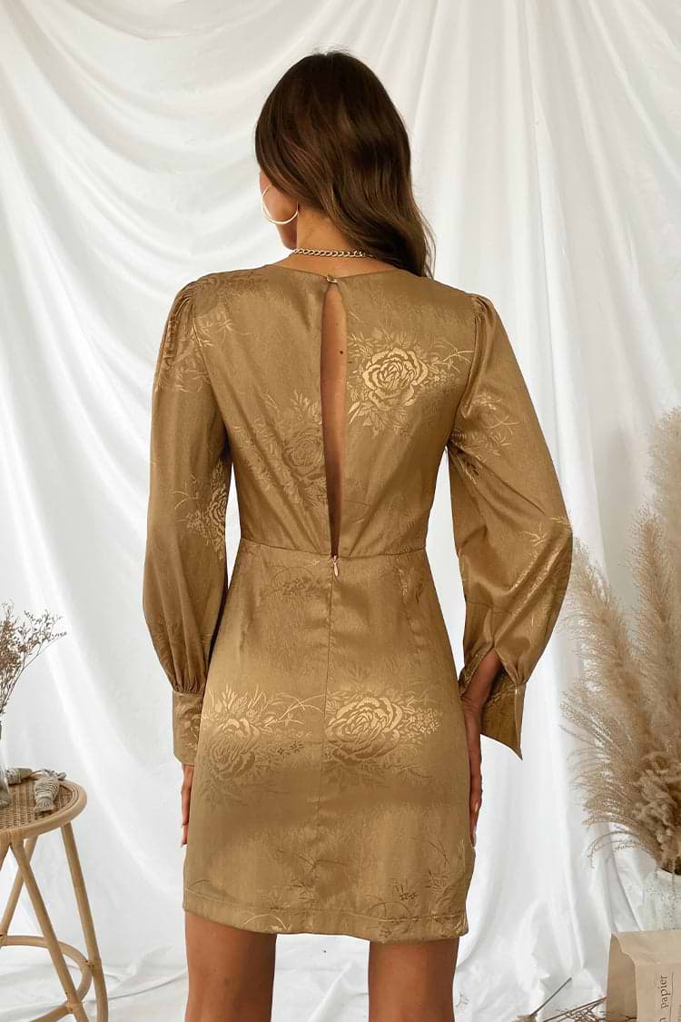 Long Sleeve Floral Print Plunging Bow Mini Dress