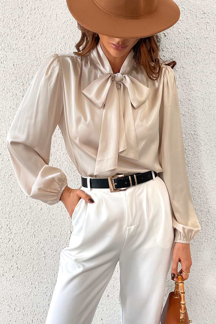 Street Walk Pussycat Bow Long Sleeve Satin Blouse