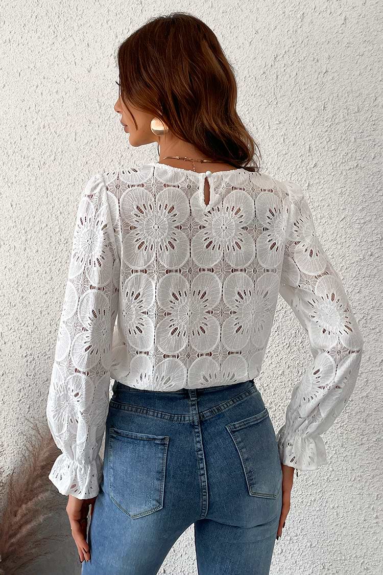 Happy Weekend Embroidered Floral Eyelet Long Sleeve Blouse