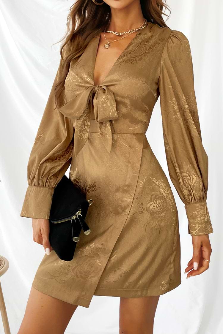 Long Sleeve Floral Print Plunging Bow Mini Dress