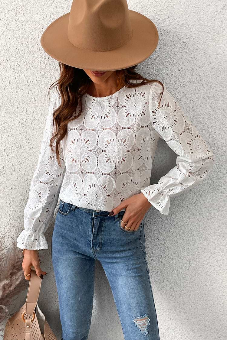 Happy Weekend Embroidered Floral Eyelet Long Sleeve Blouse