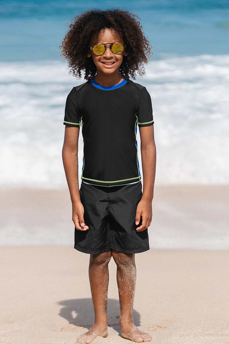 Boys Black Coloblock Rashguard Swim Top