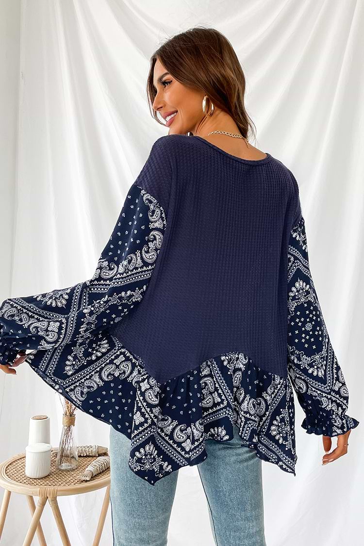 Oceanside Paisley Print Flounce Long Sleeve Top