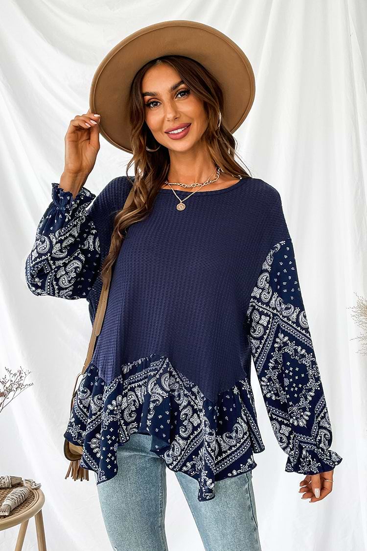 Oceanside Paisley Print Flounce Long Sleeve Top