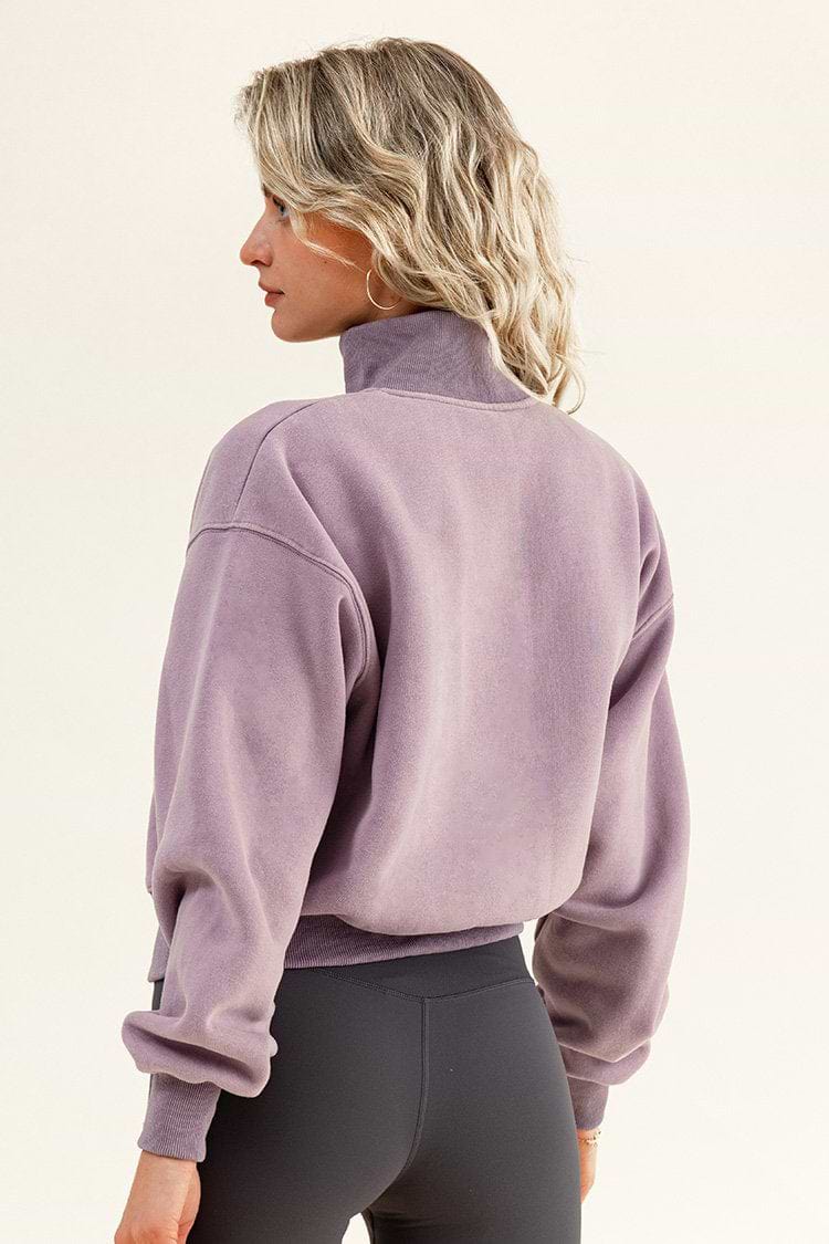 Martina Purple Button-Collar Cropped Purple Sweatshirt