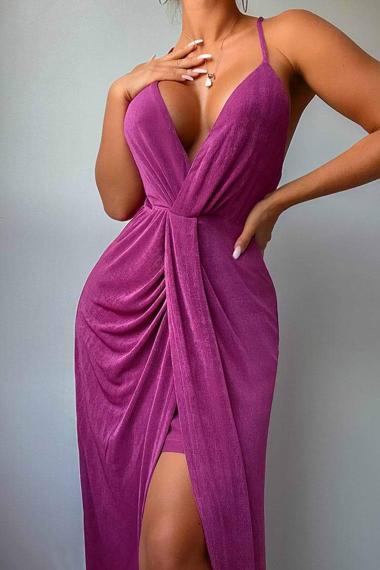 Roman Holiday Plunging V-Neck Ruched Midi Dress