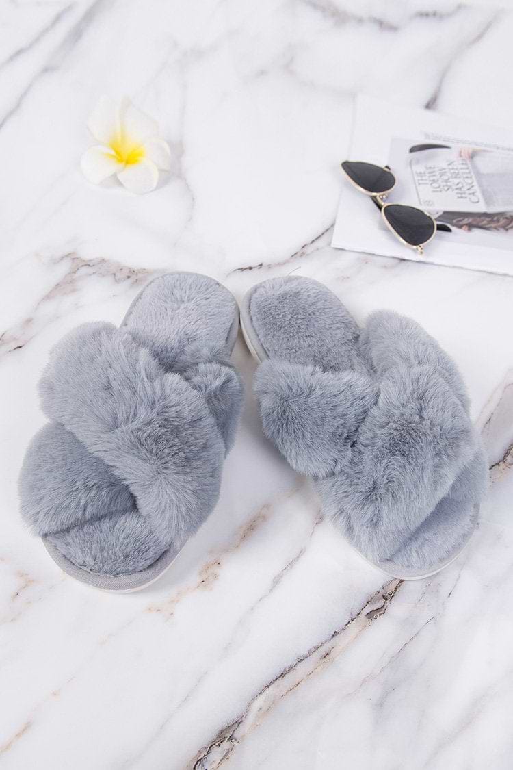 Karter Grey Cross Strap Fluffy Slippers