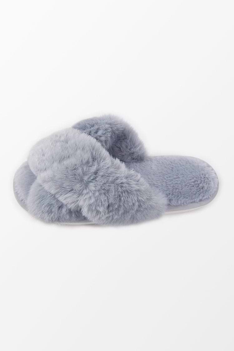 Karter Grey Cross Strap Fluffy Slippers