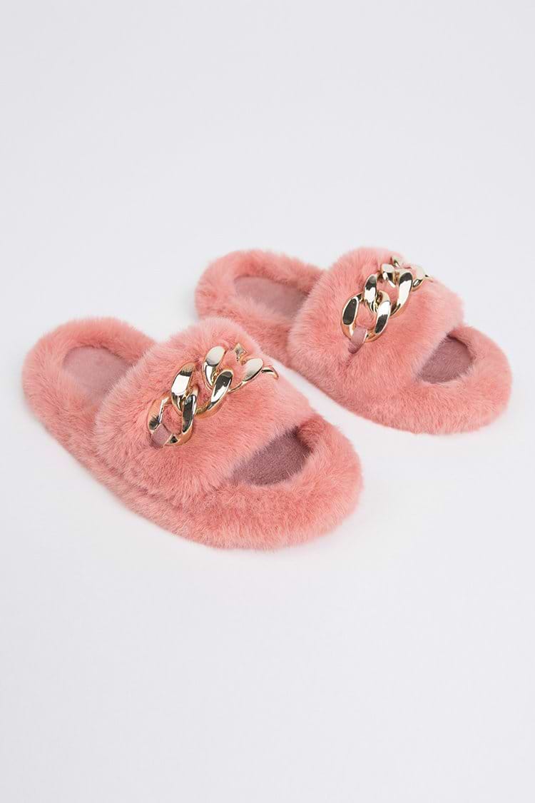 Brownstone Orange Fluffy Chain Decor Slippers