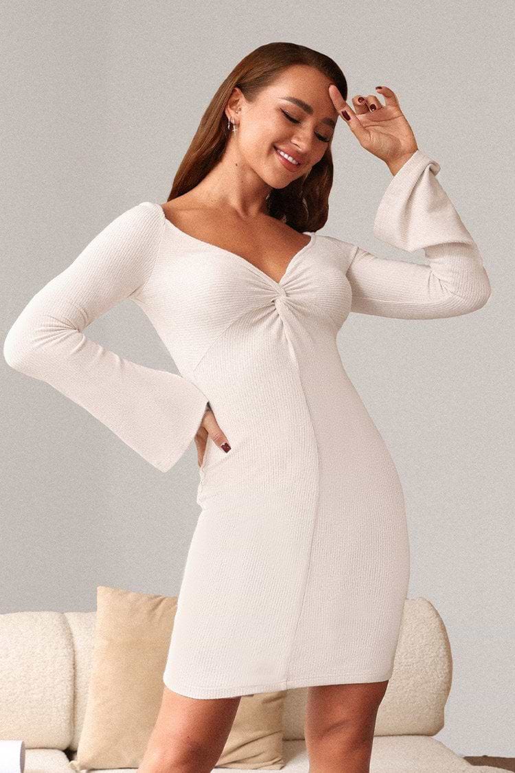 Bailey White Plunge Twist Long Sleeve Short Dress