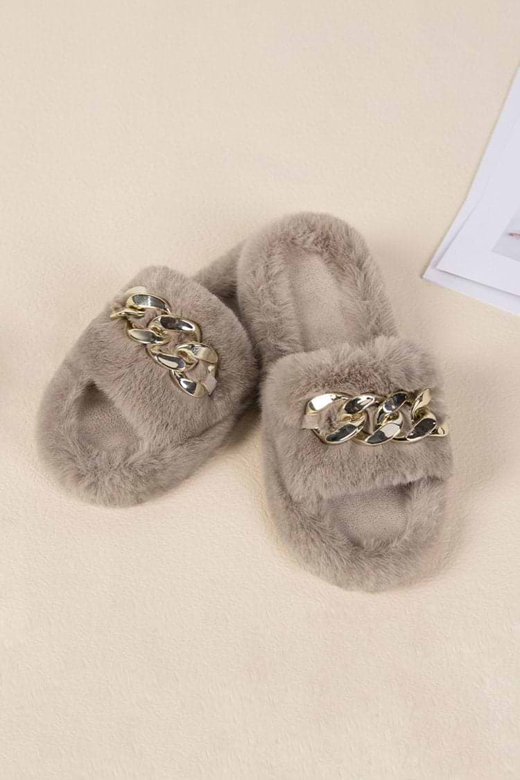Brownstone Khaki Fluffy Chain Decor Slippers