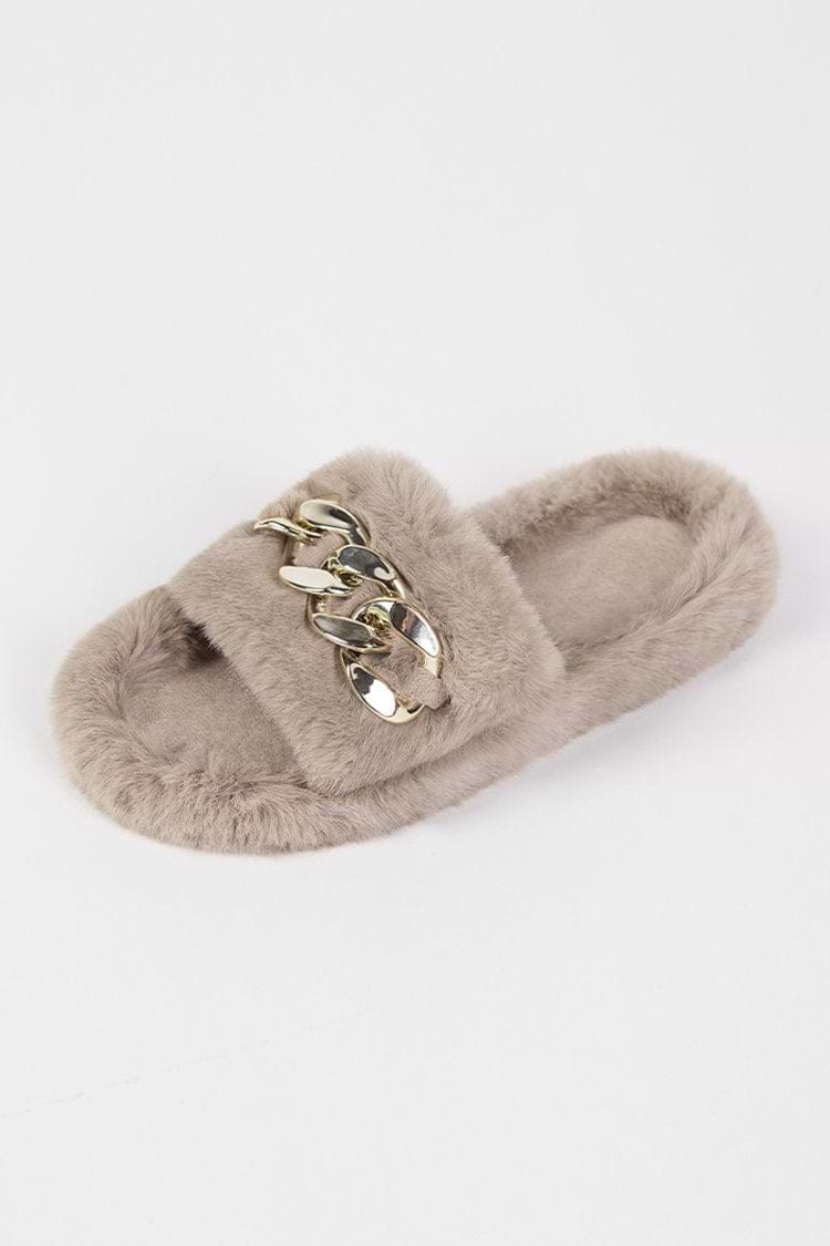 Brownstone Khaki Fluffy Chain Decor Slippers